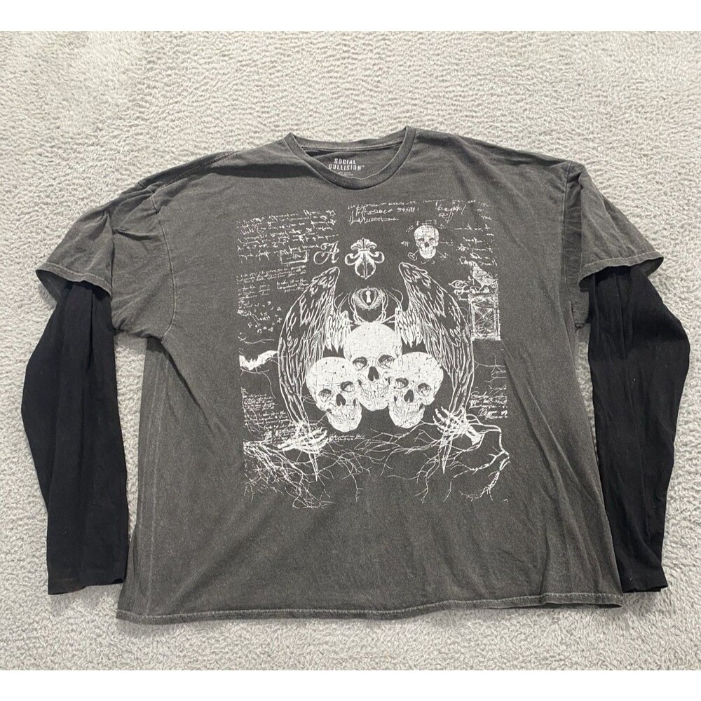 Social Collision Shirt Mens L/XL Black Gray Skulls Wings Art Double Shirt
